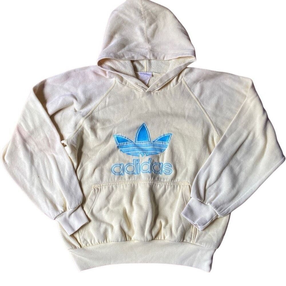 Rare Vintage ADIDAS Embroidered Spell Out Trefoil Hoodie Sweatshirt 80s 90s SMAL